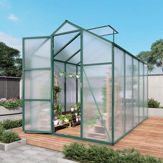 86in High 6*10.2FT Greenhouse for Outdoors, Polycarbonate Greenhouse with Stronger Wind Protection and Roof Vent, Walk-in Large Aluminum Sunroom Winter Proof, Green