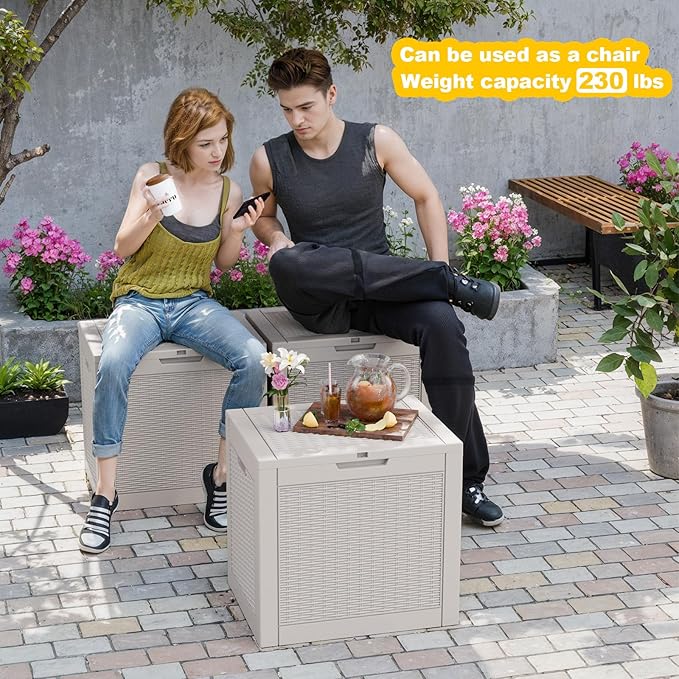 30 Gallon Wicker Pattern Resin Deck Box, Lockable Patio Outdoor Storage Box for Furniture, Garden Tools and Tools Storage, Waterproof Outside Storage Box - Grey Rattan