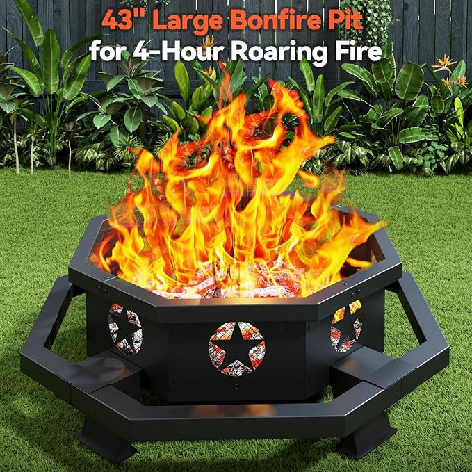 43 inch fire Pit for Outside Wood Burning, Outdoor Octagonal Fire Pit with Poker, Large Firepit for Camping, Backyard, Patio, Black