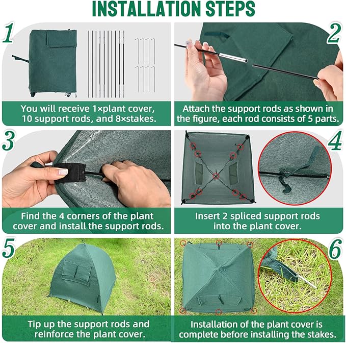 2 Packs Plant Cover Freeze Protection Blanket, 28''x28''x30'' Outdoor Garden Fabric Cover with Poles and Stakes for Winter Frost, Shade Cloth Plant Guard for Shrubs, Small Trees, Green