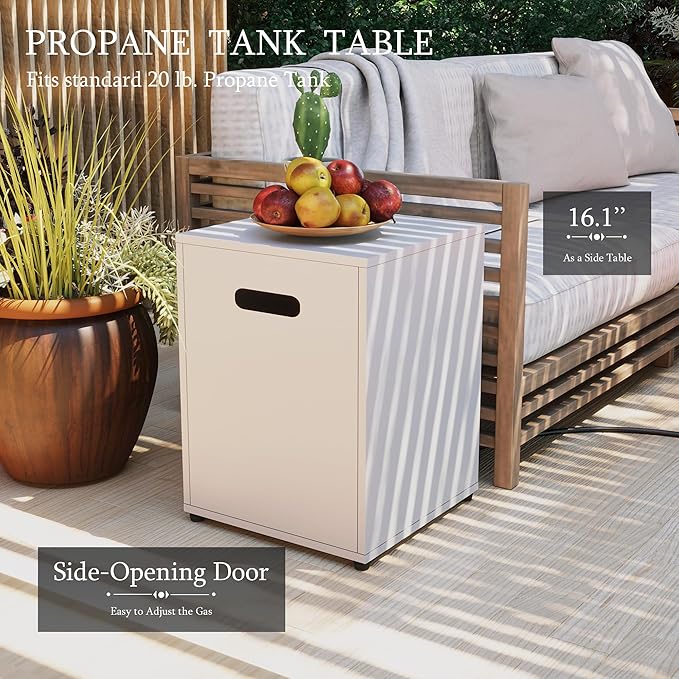 UPHA 56-inch Outdoor Propane Gas Fire Pit Table 50000 BTU Iron Rectangle Firepit for Outside Patio with Tank Hidden Table, Removable Lid, Blue Glass Rocks, Rain Cover, White