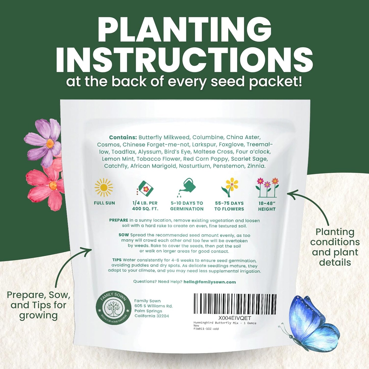 Hummingbird Butterfly Mix - Large 1 Ounce Packet - 7,500 Flower Seeds for Planting - Wildflower Mix