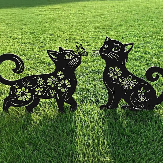 Metal Cat Garden Decor for Outside (2 Pack), 14" Yard Art Stakes,Unique Gift for Kitty Lovers, Outdoor Lawn Statues and Weather Resistant Yard Art