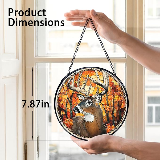 TNUW Fall Deer Stained Glass Window Hanging, Rustic Autumn Forest Wildlife Deer Sun Catchers Indoor Window Glass Round Wall Art Decor, Fall Wall Hanging Decorations, 7.9＂x7.9＂