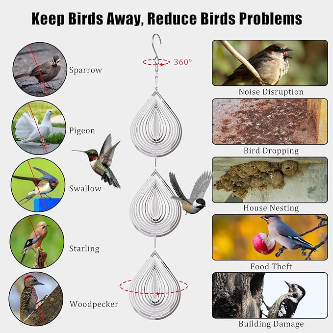 Droplet Bird Scare Discs Set, Metal Bird Reflectors Shiny Wind Spinners for Outdoor Garden Decor, Reflective Bird Devices Deterrents to Keep Scare Birds Away from Outside Patio Porch Yard Fruit Trees