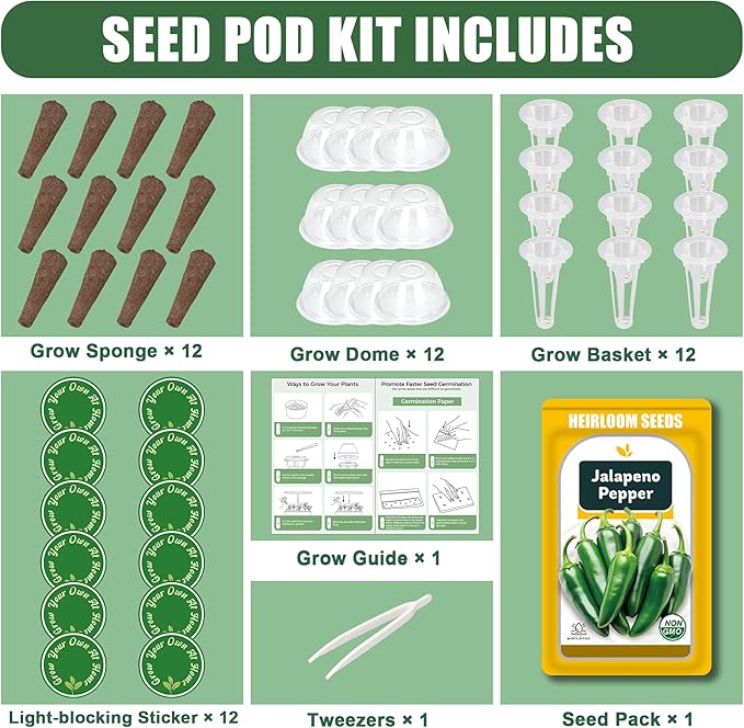 Jalapeno Pepper Seed Pods Kit, 12 Pods Grow Anything Kit for Indoor Hydroponics Growing System, Hydroponics Supplies with 12 Grow Sponges, 12 Plant Baskets, 12 Pod Domes and Labels