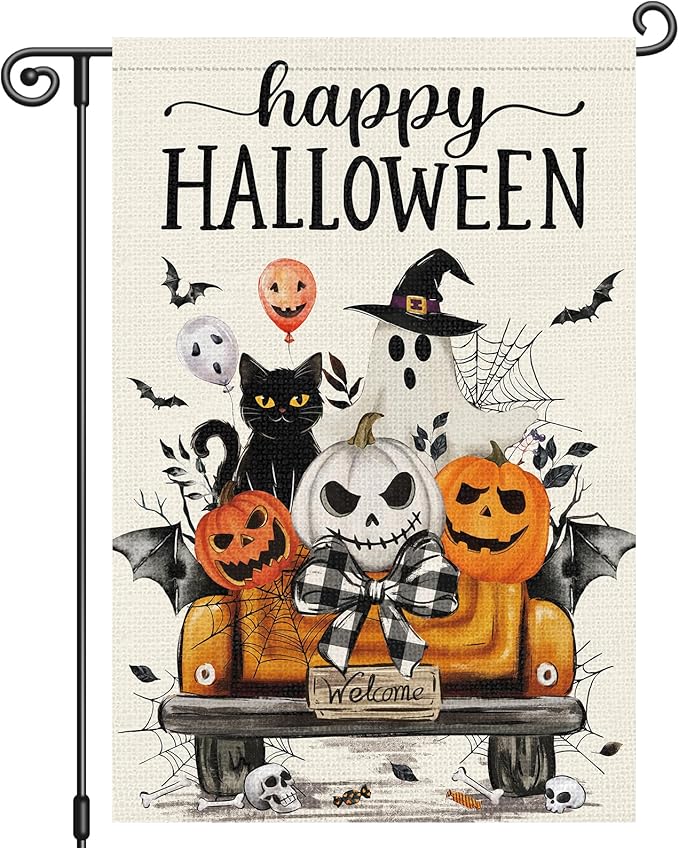 Louise Maelys Happy Halloween Garden Flag Black Cat Ghost Pumpkin Truck 12x18 Inch Double Sided Boo Holiday Seasonal Welcome Fall Autumn Small Burlap Yard Sign Outside Outdoor House Decor