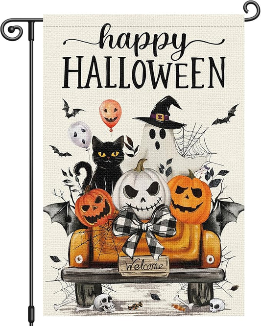 Louise Maelys Happy Halloween Garden Flag Black Cat Ghost Pumpkin Truck 12x18 Inch Double Sided Boo Holiday Seasonal Welcome Fall Autumn Small Burlap Yard Sign Outside Outdoor House Decor