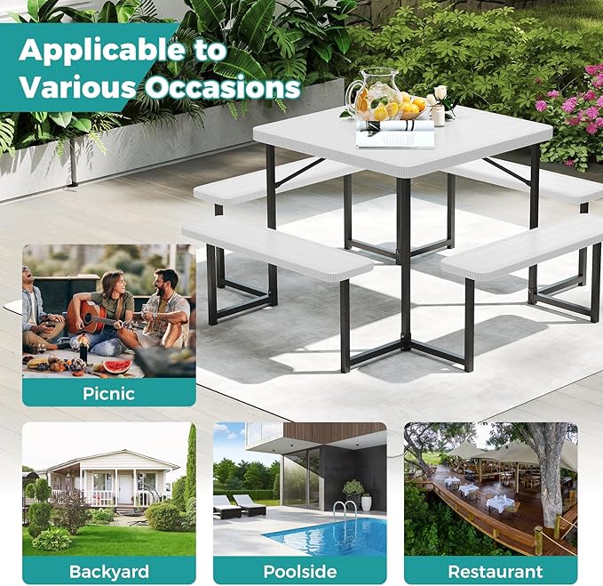 Giantex Picnic Table Bench Set for 4-8 People, 34" Outdoor Square Dining Table & 2 Benches w/Umbrella Hole, HDPE Tabletop, Metal Frame, Patio Camping Furniture for Backyard Porch Lawn (White,Square)