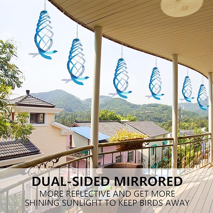 Hausse 6 Pack Bird Repellent Spiral Reflectors Blue Mylar Spinner, Garden Decorative Scare Birds Away, Like Woodpeckers, Pigeons and Geese