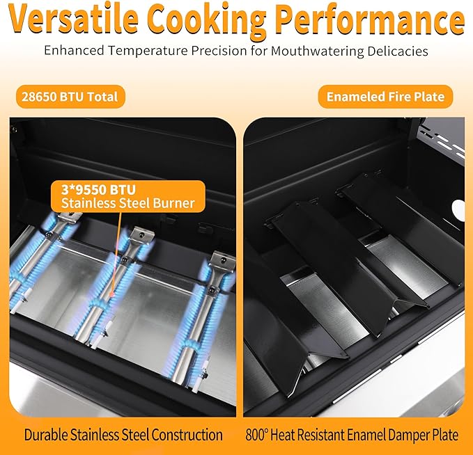 3-Burner Propane Gas Grill with Cast Iron Grates, 252 Sq. In. BBQ Grilling Space, Foldable Side Shelves for Portable Outdoor Patio Camping, Black