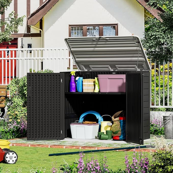 ZZM Large Outdoor Storage Shed, 48 Cu Ft Resin Versatile Storage Cabinet for Patio Accessories, Trash Cans & Garden Tools, Durable Horizontal Storage Box with Lockable Lid (Black)