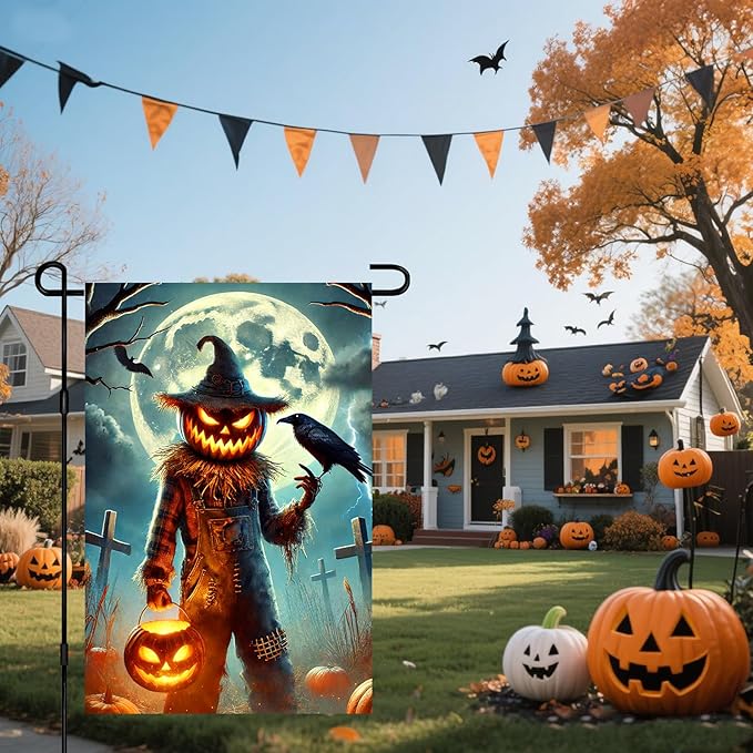 IVN Halloween Garden Flag Spooky Garden Flag 12x18 Inch Scary Jack-o-Lantern Scarecrow Raven Bat Full Moon Spooky Outdoor Decor Double Sided Fall Yard Home Porch Patio Decorations