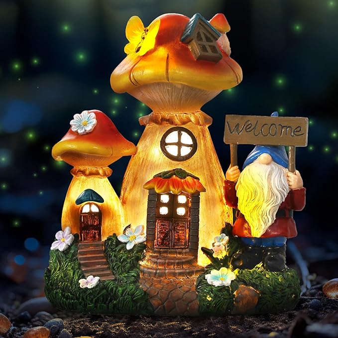 Json Solar Garden Statue Lights Mushroom Fairy House Figurine, Outdoor Memorial Garden Ornaments Waterproof Decoration for Outside Patio Yard Lawn Decor