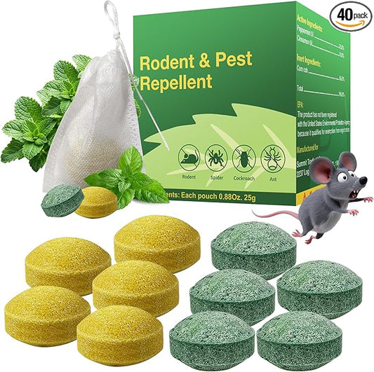 Natural Peppermint Mice Repellent - Effective Mouse Deterrent for Home, Car, Garage, and Garden - Safe, Eco-Friendly, Long-Lasting Protection,40 Pack