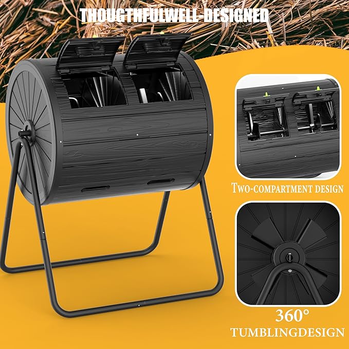 Dual-Chamber Outdoor Compost Tumbler, 37.5-Gallon Efficient Rotating Composter, UV-Resistant and Weatherproof, for Garden, Kitchen, and Yard (Black)