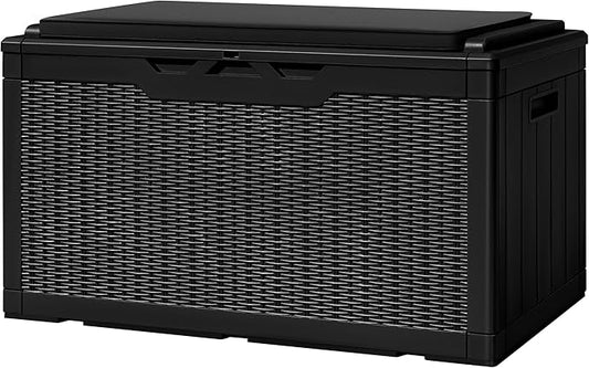 Greesum 100 Gallon Resin Deck Box Large Outdoor Storage with Cushions for Patio Furniture, Garden Tools, Pool Supplies, Weatherproof and UV Resistant, Lockable, Black
