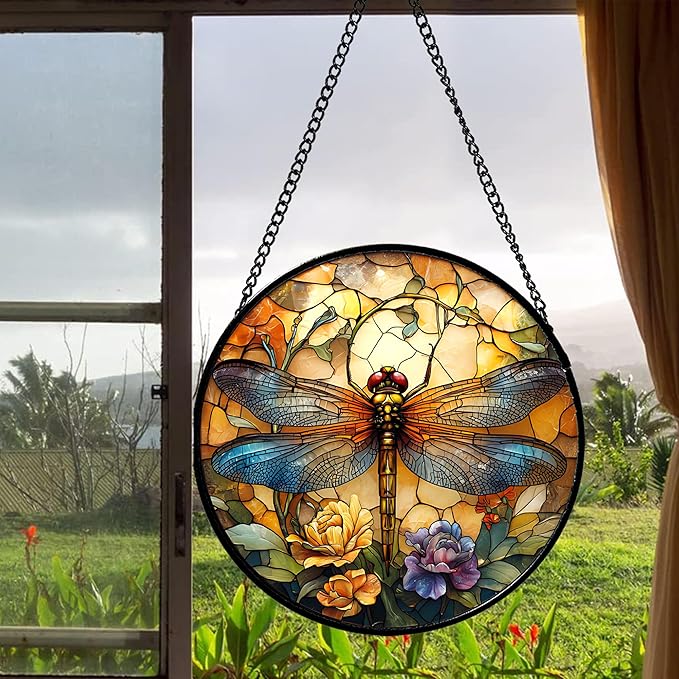 Stained Glass Window Hanging - Orange Blue Dragonfly Flower Suncatcher for Doors Window Home Sun Catchers Decor Christmas Mother's Day Birthday Outdoor Gifts for Women Men Mom Nana 14.9 in