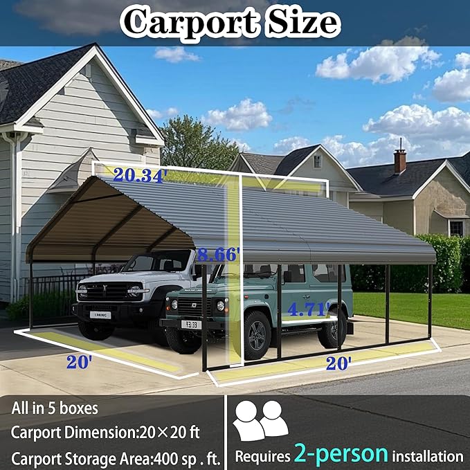 Heavy Duty Metal Carport 20x20 ft Galvanized Steel Frame RV Carport Storage All Weather Shelter Easy Assembly for 2 Car Extra Large Canopy for Dual Vehicle Boat Protection Garage Party Tent