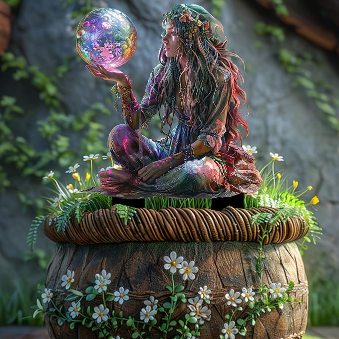 Fairy Garden Stake Decor, 2D Flat Acrylic Fairy Garden Decor Panel, Elf Yard Sign for Outdoor Indoor Yard Lawn Plants Pots, Fairy Garden Accessories (Maiden with Magic Ball)