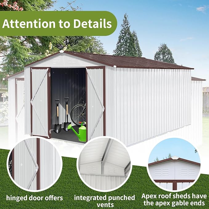 12x10FT Heavy-Duty Metal Storage Shed, Extra-Large Outdoor Shed with Apex Roof, Steel Vents & Hinged Door, Includes Free Padlock for Secure Tool & Equipment Storage (Easy Assembly)