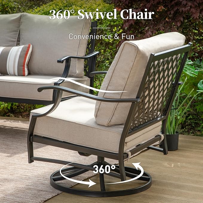 Patio Furniture Set with Firepit Table, 4 Piece Metal Outdoor Patio Furniture, 2 Swivel Chairs and 3 Seater Sofa with 5.75" Extra Thick Cushion and Gas Fire Pit Table for Backyard Deck