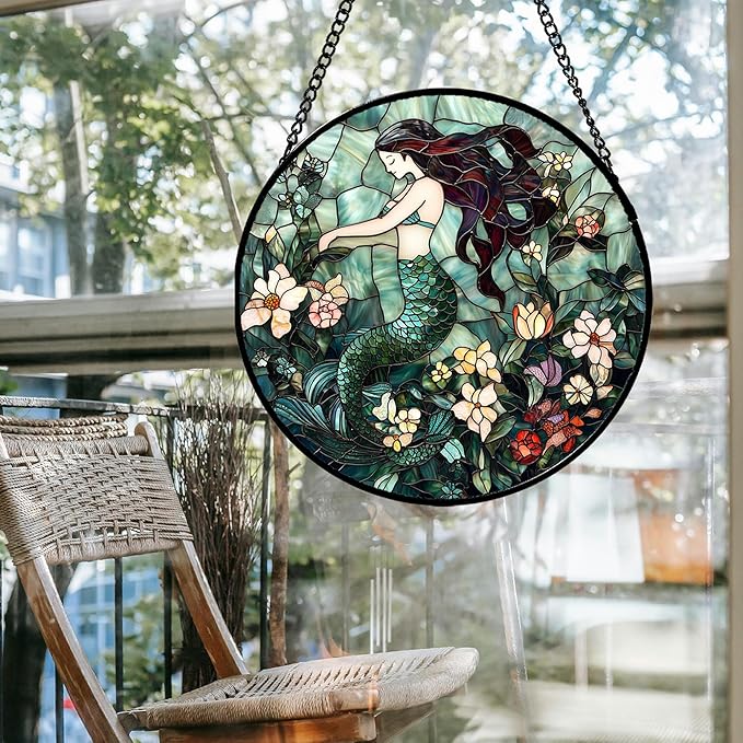 Stained Glass Window Hanging - Teal Sleeping Mermaid Suncatcher for Door Terrace Garden Home Decor, Sea of Flowers Sun Catcher Birthday Gifts for Lovers Women Men Dad Mom Nana 9.8 in