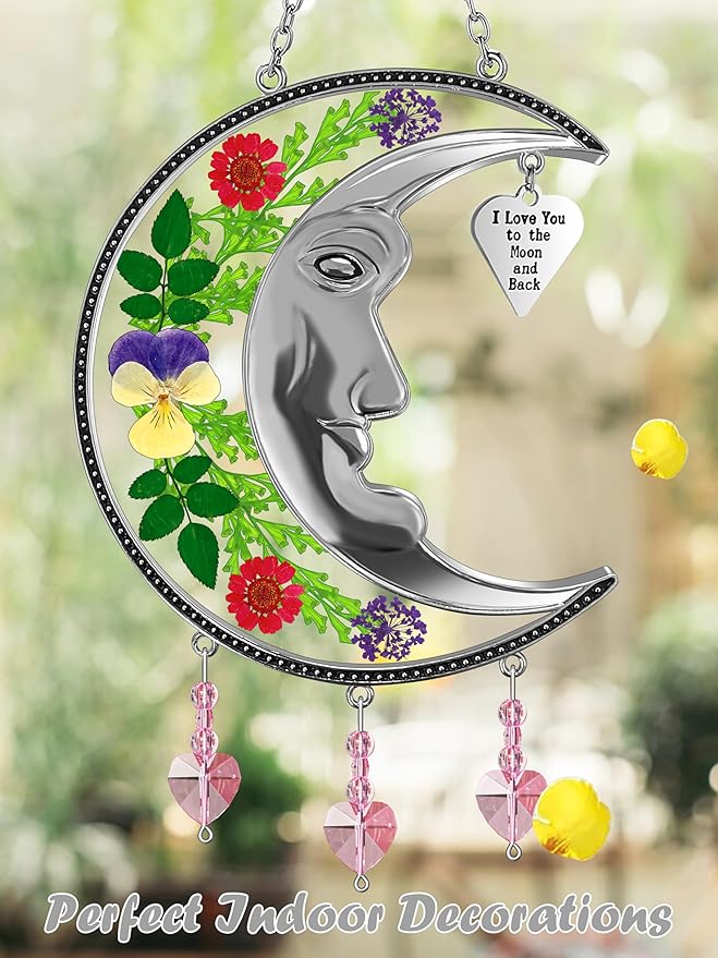 KY&BOSAM Sun Face Moon Suncatcher I Love You to The Moon and Back Stained Glass for Window Hangings Wind Chime Decor with Pressed Real Flower and Metal Charm Gift for Women Mother`s Day Christmas