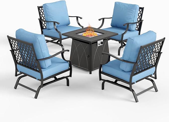 5 Piece Metal Outdoor Patio Furniture Set with Fire Pit Table, Patio Conversation Sets 4 Rocking Chairs with 5.75" Thick Cushion and 5000 BTU Fire Pit Table, Backyard Furniture, Blue