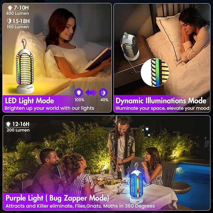 Bug Zapper Outdoor with Colorful Lighting and Auto-Sensing, 3 in 1 Cordless 4000mAh Battery Electric Fly Trap, Rechargeable Mosquito Zapper for Camping, Patios, Garden, Kitchen (1Pack-Black)
