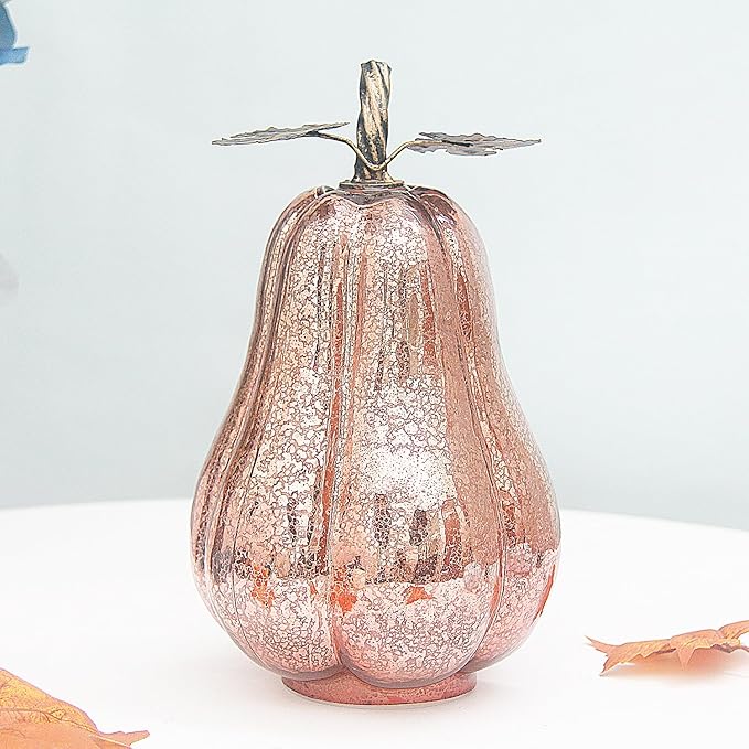 Mercury Glass Pumpkin Lights with Timer, Battery Operated Led Pumpkin Lights for Halloween Fall,Thanksgiving Rustic Decor (Rosegold Leafy, 11")