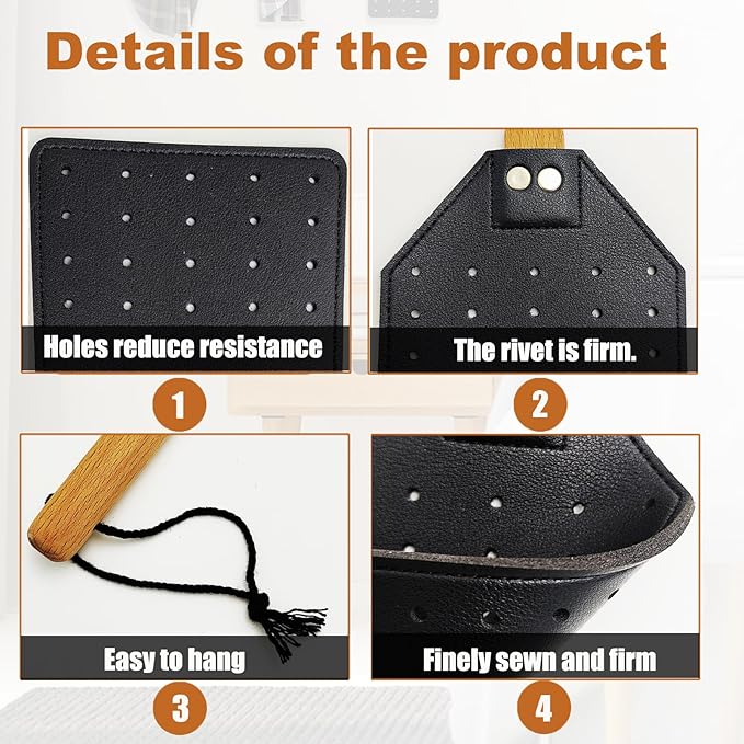 Heavy Duty Leather Fly Swatter, Long Handle Fly Swatter with Beech Wood Handle 19.7" Length, Flyswatter for Indoor and Outdoor (Black)