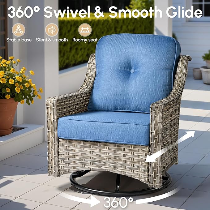 8 Pieces Patio Outdoor Furniture Set with Swivel Rocking Chairs,All Weather Wicker Rattan Patio Seating Sofa and Chair Set w/Ottoman,Outdoor Conversation Sets for Deck Yard Garden,Blue