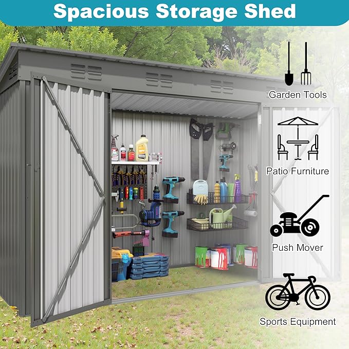 4x9 FT Outdoor Metal Storage Shed, Tool Shed with Pitched Roof and Lockable Door, Compact Garden Shed for Backyard Garden Patio Lawn, Gray