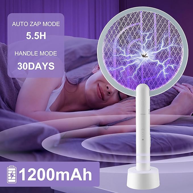 Electric Fly Swatter 3000V Bug Zapper Racket, 1200mAh Rechargeable Raqueta Electrica Mosquitos Hand Held Dual Modes Mosquito Killer with Purple Mosquito Light for Indoor Outdoor - 2Pack