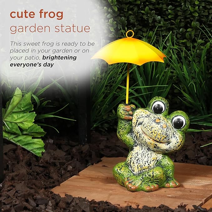Alpine Corporation QWR1010HH 12" Tall Garden Frog Statue - Sitting Jolly Frog with Yellow Umbrella Decoration – Ceramic Yard & Patio Decor – Durable Lawn Sculpture