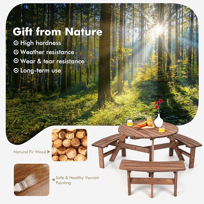 Tangkula 6 Person Wood Picnic Table, Outdoor Round Picnic Table with 3 Built-in Benches, Umbrella Hole, Outside Table and Bench Set for Garden, Backyard, Porch, Patio, 500lbs Capacity Per Bench