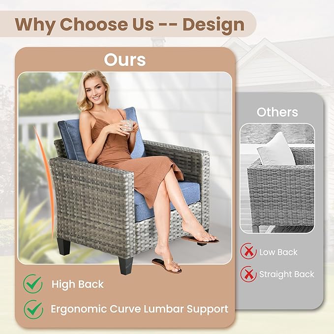 HOOOWOOO Outdoor Patio Furniture Set,7 Pieces Wicker Conversation Set,All Weather Couch Set with Fire Pit Table Swivel Chairs Ottoman 7 Seaters for Out Door Yard(Denim Blue)