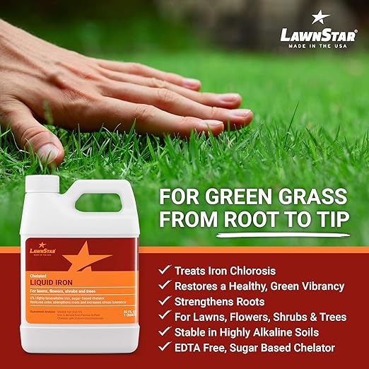 LawnStar Liquid Iron (32 OZ) for Plants - Multi-Purpose, Suitable for Lawn, Flowers, Shrubs, Trees - Treats Iron Deficiency, Root Damage & Color Distortion – EDTA-Free, American Made