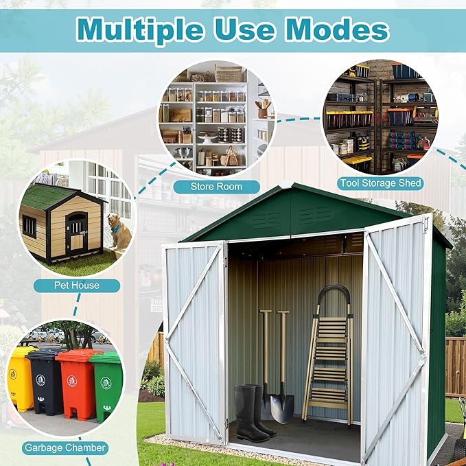 6ft x 4ft Outdoor Storage Shed Apex Roof Tool Shed Outdoor Storage Metal Garden Sheds Tool Cabinet with Galvanized Steel Construction for Backyard, Patio, Poolside, Green