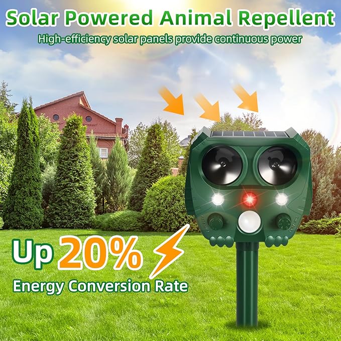 2 Pack 2025 Ultrasonic Animal Repeller Outdoor Solar Deer Repellent Devices with Motion Detection,Waterproof Squirrel Raccoon Fortress Pro Deterrent Light for Cat Skunk Rabbit Dog