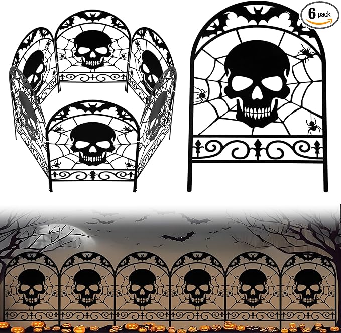 6 Pack Halloween Skull Fence Outdoor Decoration Spooky Graveyard Fence for Halloween Yard Party Decor, Black Metal Decorative Garden Stake Yard Sign for Lawn Porch, 16.5''h x 11.8''w
