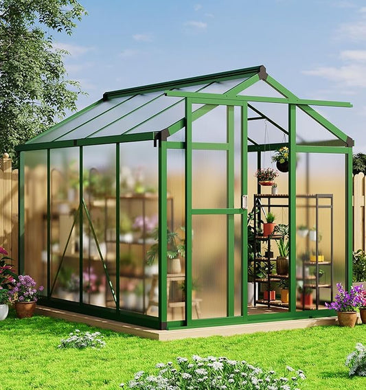 Garvee 6x8 FT Greenhouse - Aluminum Greenhouses for Outdoors, Large Polycarbonate Greenhouse with Roof Vent, Heavy Duty Walk-in Green Houses for Outside Garden, Backyard, Patio, Lawn, Easy Assembly