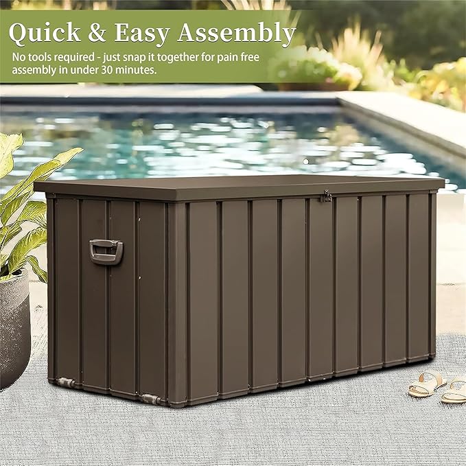 150 Gallon Outdoor Storage Deck Box Waterproof, Large Patio Storage Bin for Outside Cushions, Throw Pillows, Garden Tools, Lockable (Dark Brown)