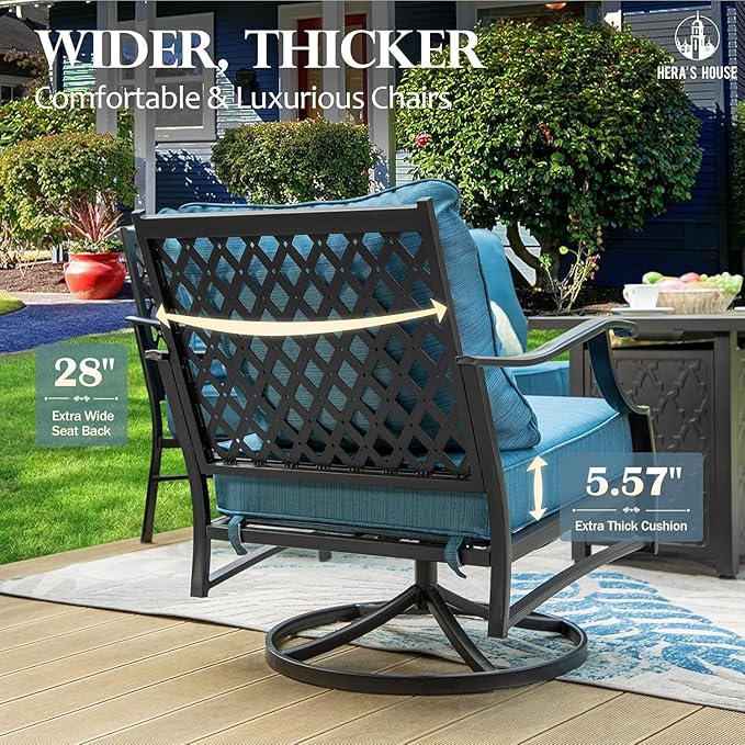 HERA'S HOUSE 6 Piece Patio Furniture Set, 2 x Swivel Chair, 2 x Fixed Chair, 1 x 3-Seat Sofa with Marbling Coffee Table, 7 Seats Outdoor Conversation Set for Lawn Garden Backyard, Pacific Blue