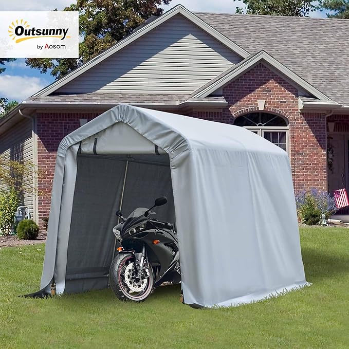 Outsunny 6' x 8' Carport Portable Garage, Heavy Duty Storage Tent, Patio Storage Shelter w/Anti-UV PE Cover and Double Zipper Doors, for Motorcycle Bike Garden Tools, Light Gray