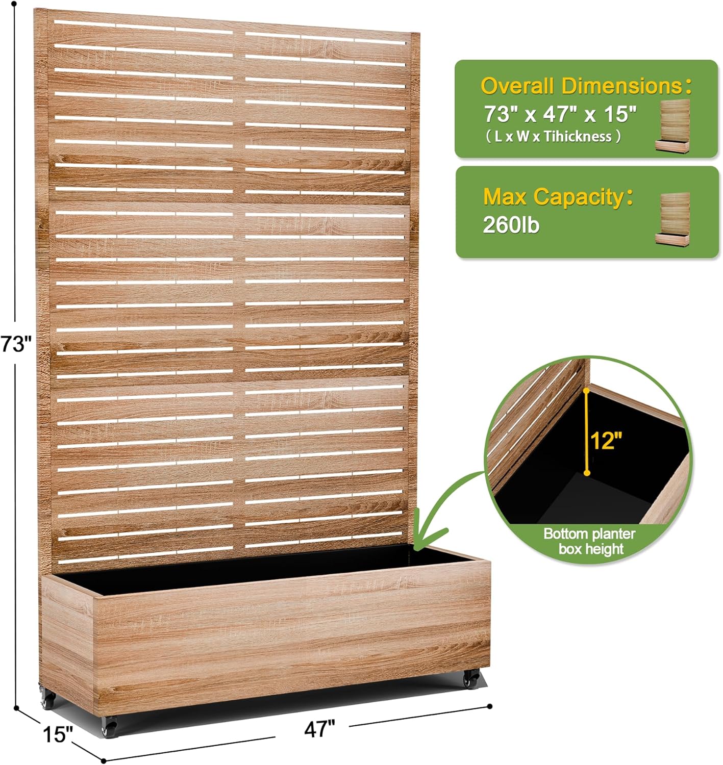 FENCY Metal Raised Garden Bed with Wheels and Trellis,73"x47"x16" Planter Box for Climbing Plants, Vegetables & Vines, Features Privacy Screen and Drainage Holes (Natural Wood Color)