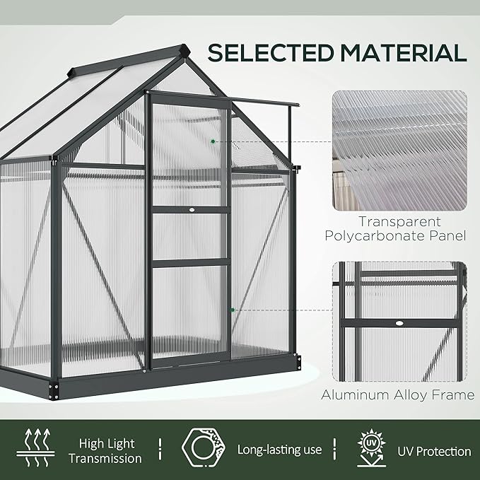 Outsunny 6' x 4' Greenhouse for Outdoors, Polycarbonate Greenhouse with Rain Gutter and Roof Vent, Aluminum Walk-in Green Houses for Outside for Patio Backyard Garden, Gray