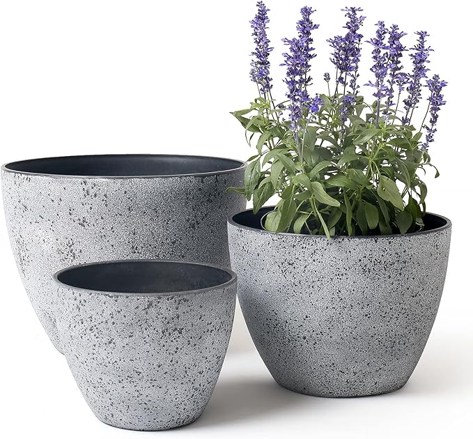 LA JOLIE MUSE 14.2/11.3/8.6 Inch Planters,Set of 3 Indoor/Outdoor Round Planters,Grey Tree Planters,Plant Container with Drain Holes,Flower Pots for Patio and Deck
