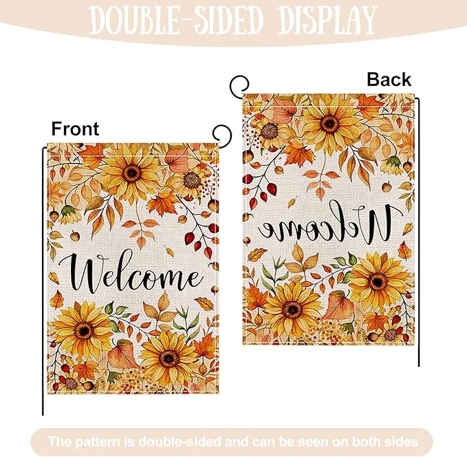Fall Garden Flag 12 x 18 Inch Double Sided Welcome Sunflower Maple Leaves Designs Autumn Burlap Yard Flag for Outside Rustic Yard Outdoor Holiday Home Decoration